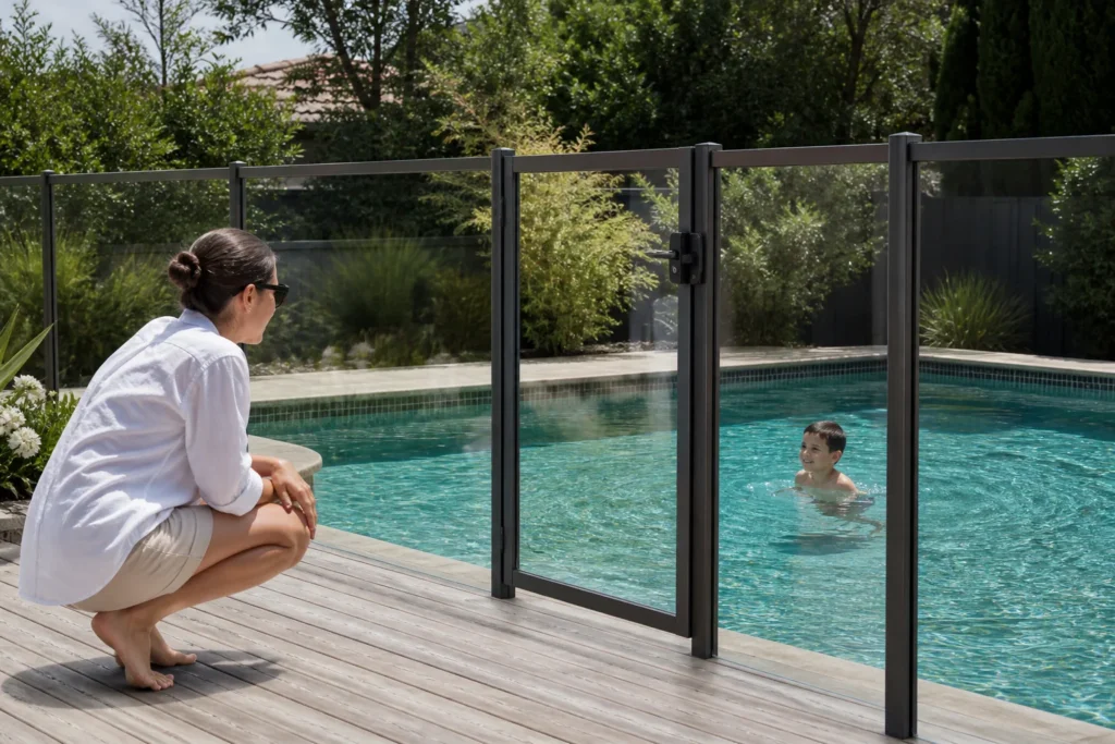 Piscine privée sécurisée par une barrière avec surveillance attentive d’un adulte