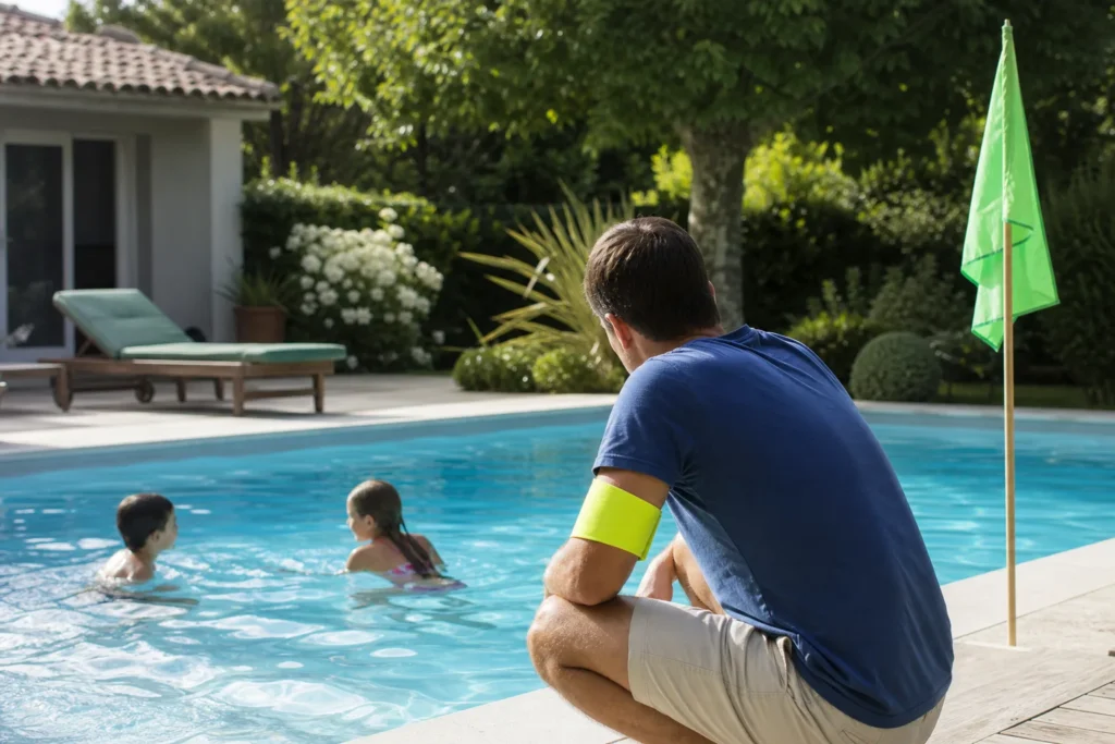 Dispositif Vigiplouf avec un adulte portant le brassard et surveillant les enfants dans la piscine