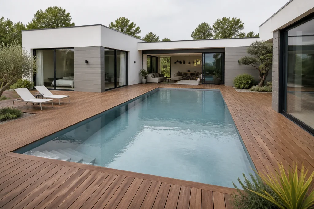 Piscine moderne et contemporaine au cœur d’une maison cubique avec terrasse en bois