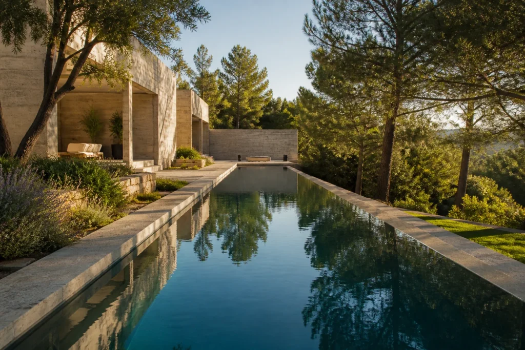 Couloir de nage contemporain en béton brut entouré de végétation à Aix-en-Provence