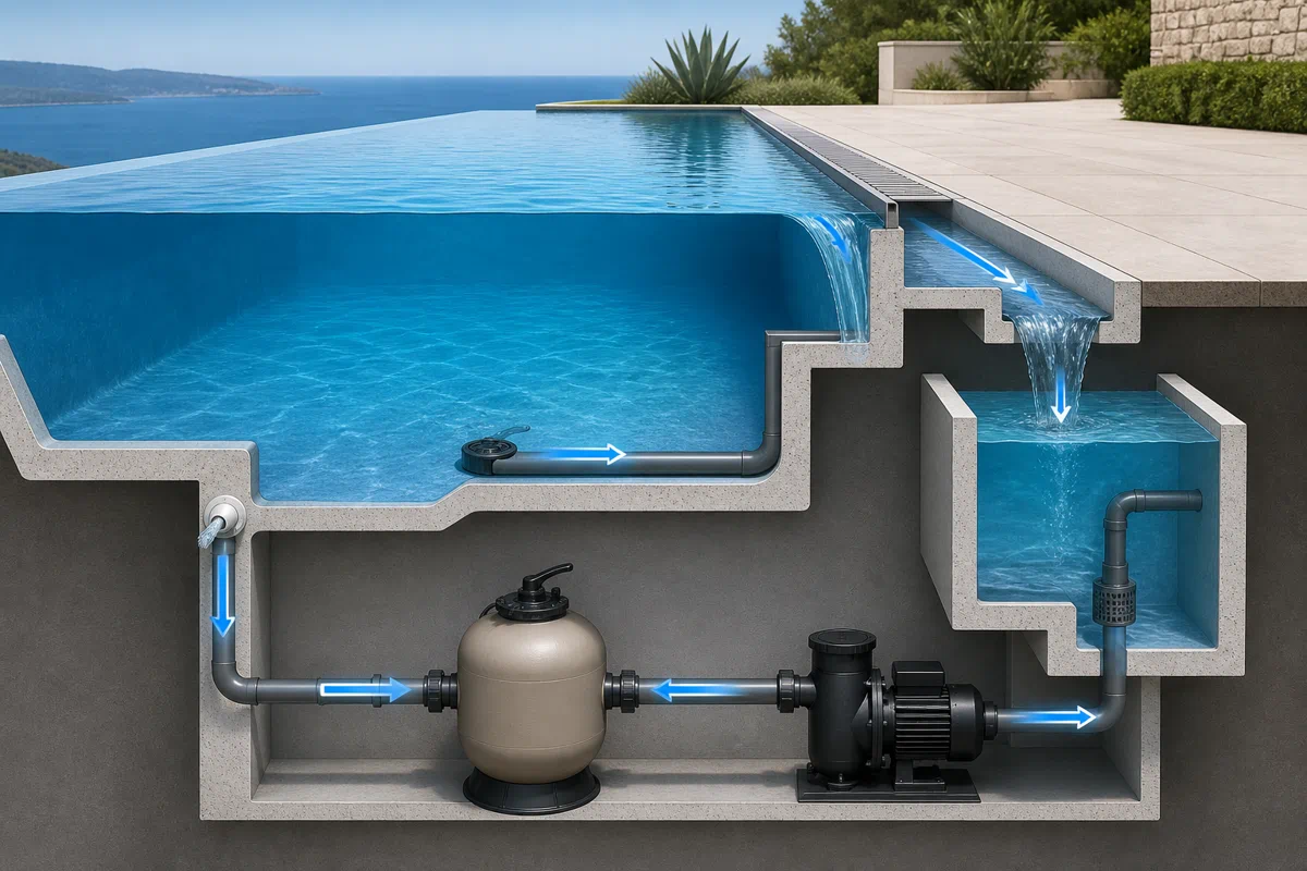 Le circuit de l’eau d’une piscine à débordement