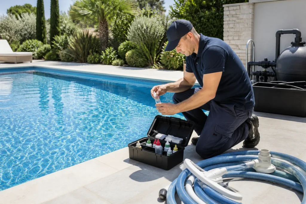 Professionnel réalisant l’entretien d’une piscine avec contrôle de l’eau et vérification des équipements