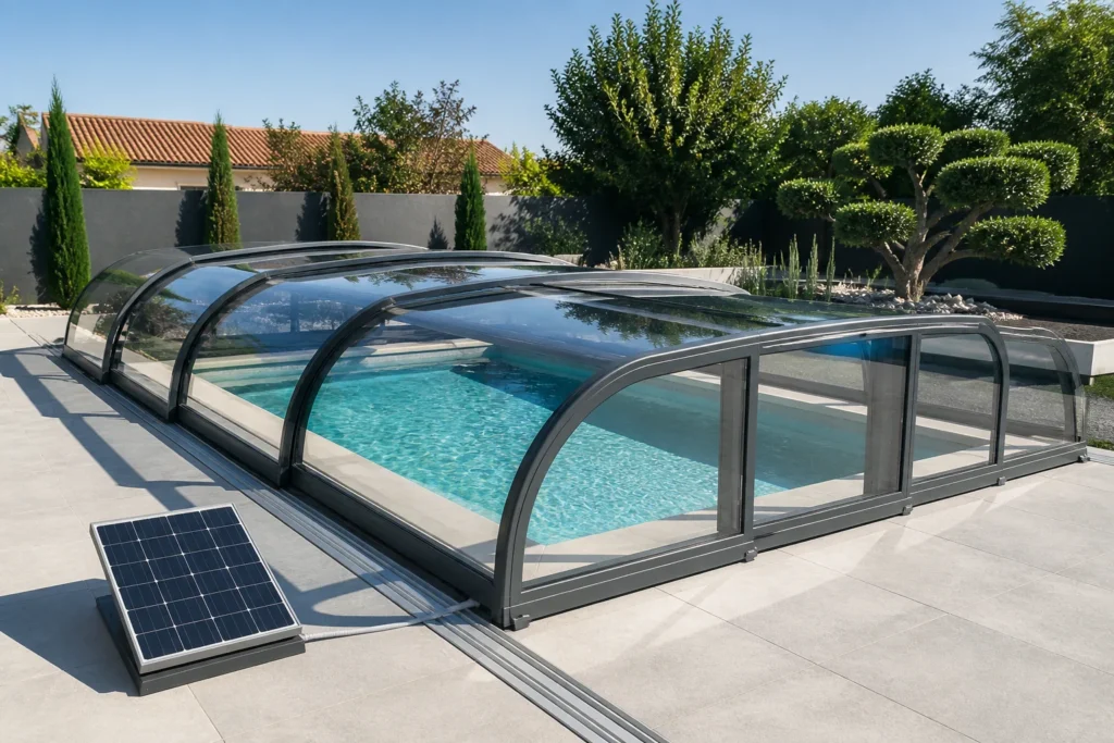 Abri de piscine télescopique motorisé avec panneau solaire et rails de guidage