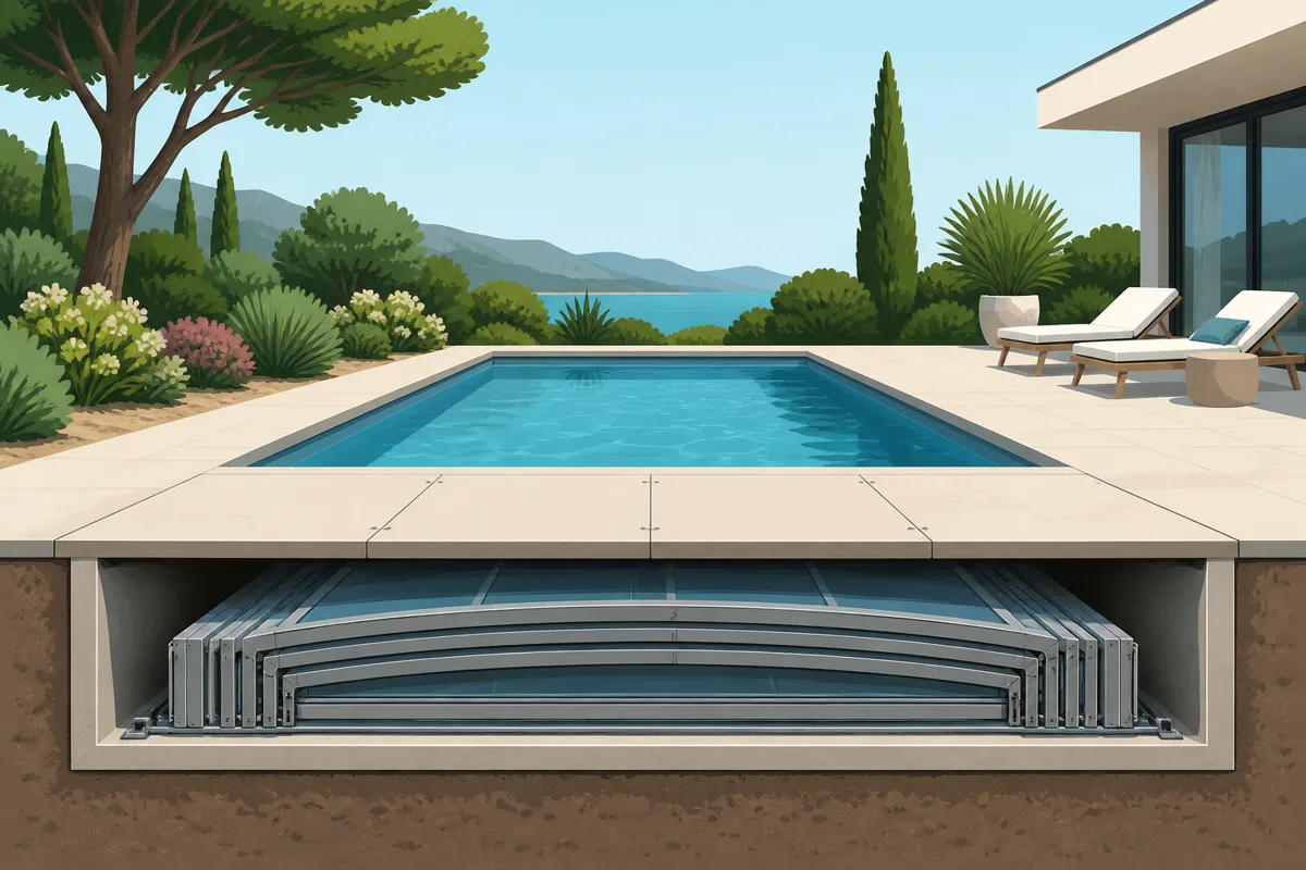 Le système escamotable Dreamcover No-Limite rangé sous la plage