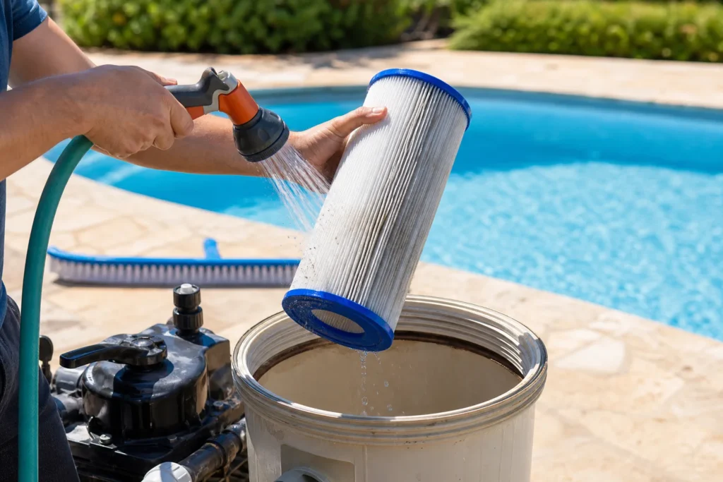 Nettoyage manuel d’un filtre à cartouche de piscine au bord du bassin