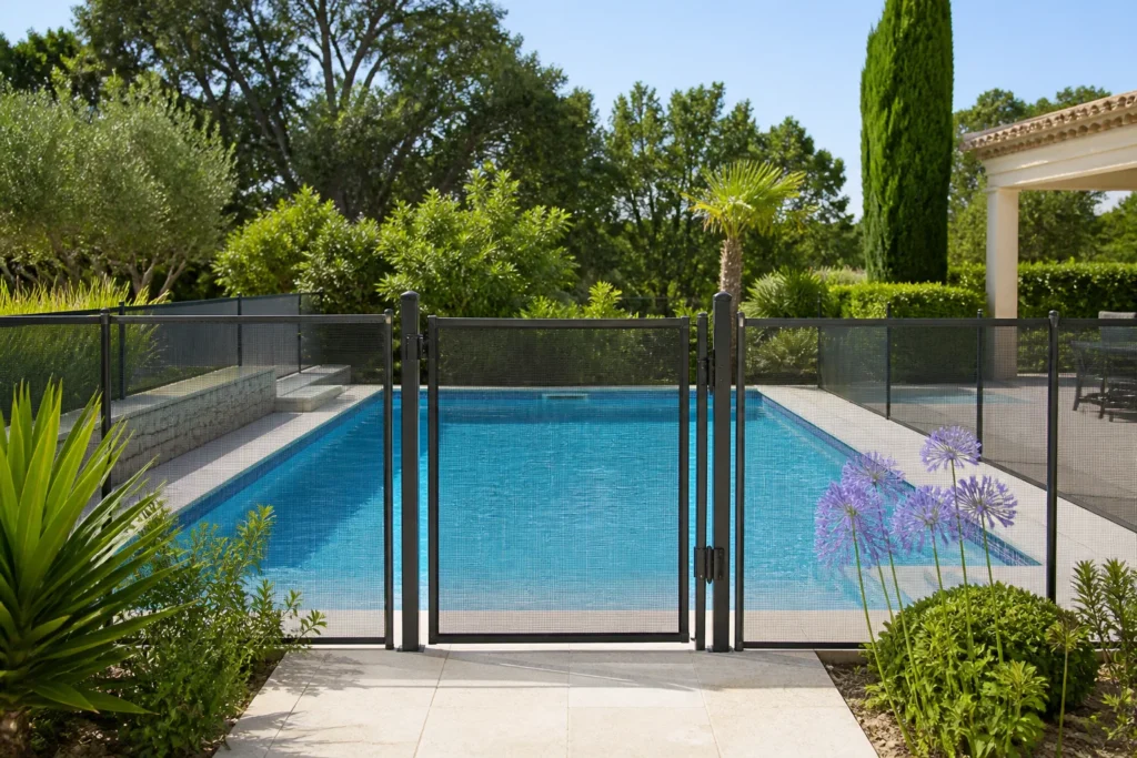 Piscine privée sécurisée par une barrière de sécurité avec portillon verrouillé