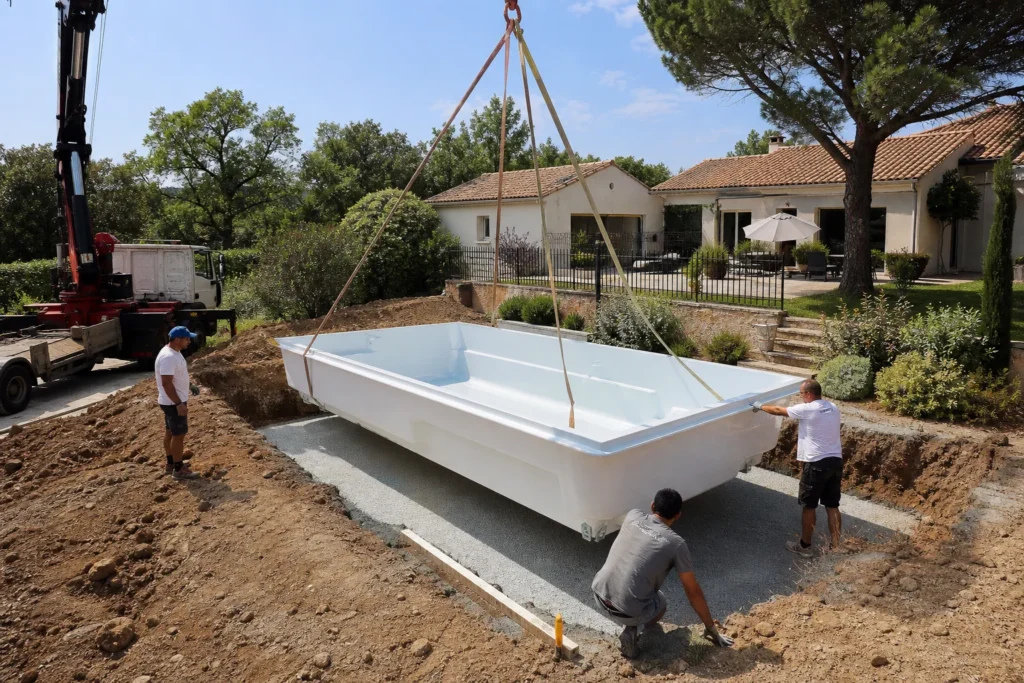 Installation d’une piscine monocoque en polyester dans une excavation préparée