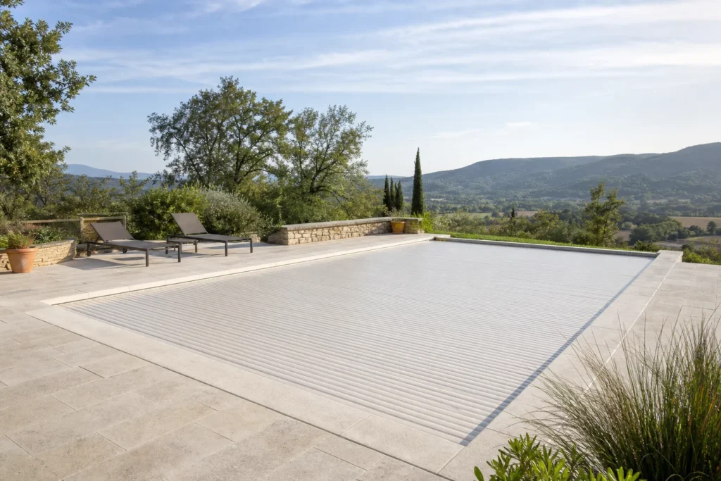 Couverture automatique piscine déployée sur un bassin contemporain