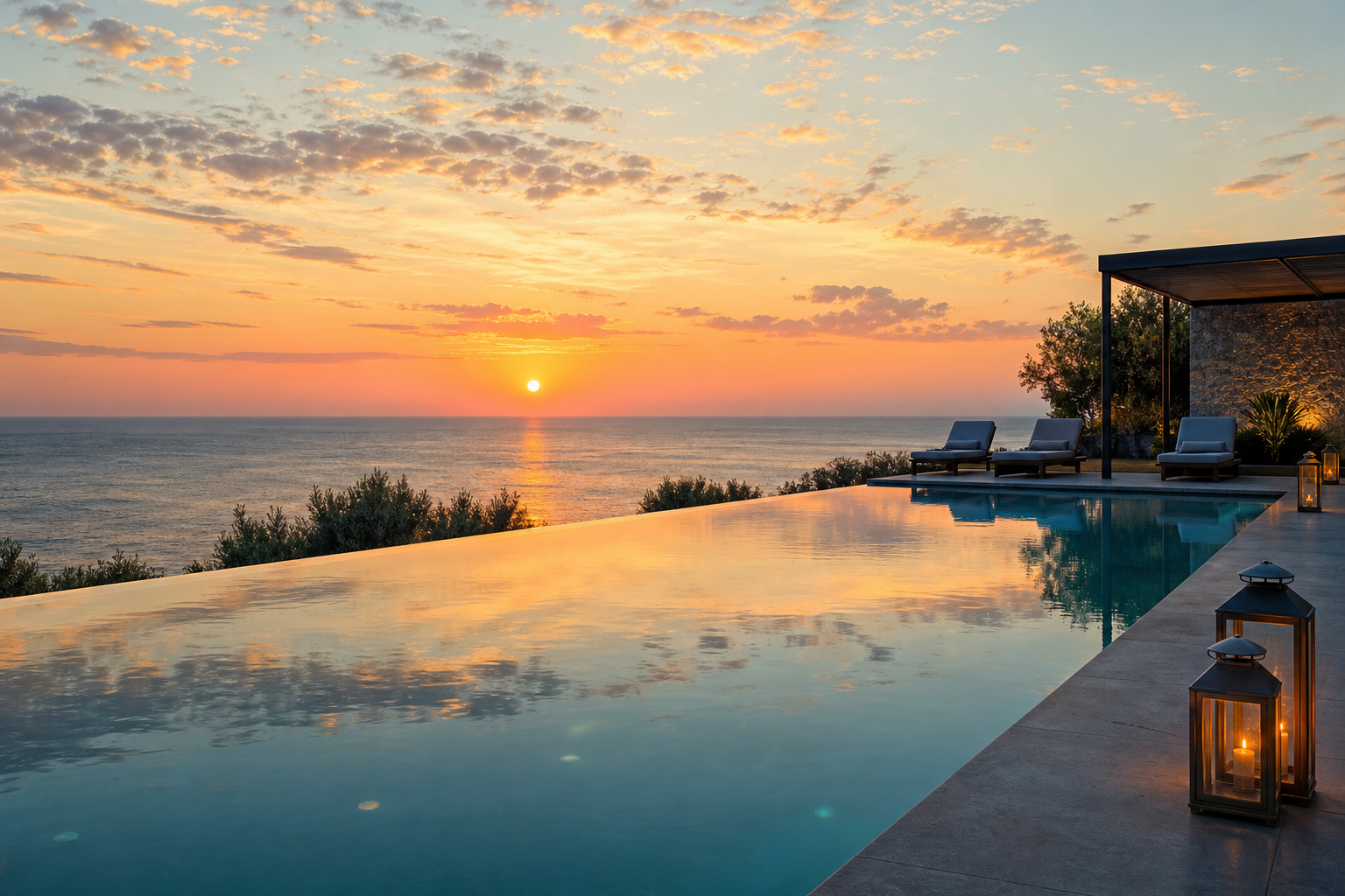 La piscine à débordement offre une perspective fuyante et sans limite vers l'horizon.