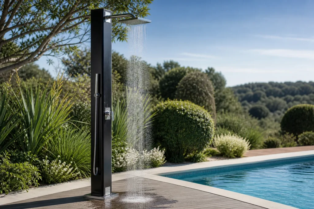 Douche extérieure piscine moderne installée au bord d’un bassin dans un jardin paysager