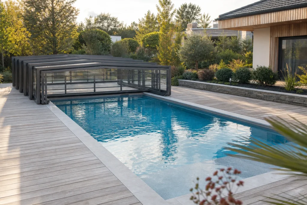 Abri de piscine plat motorisé se repliant en accordéon au bout du bassin