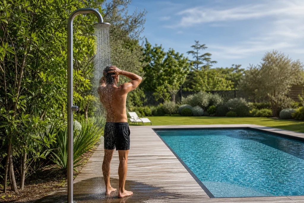 Douche extérieure piscine installée au bord d’un bassin ensoleillé