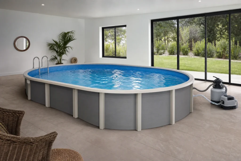 Piscine intérieure en kit avec structure préfabriquée installée dans une pièce lumineuse