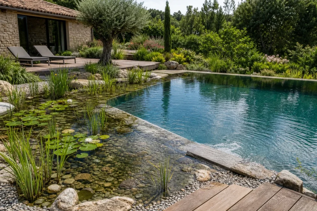 Piscine écologique avec bassin de baignade et zone de régénération végétalisée
