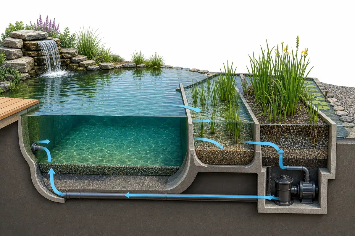 Les trois zones et le circuit de l’eau d’une piscine naturelle
