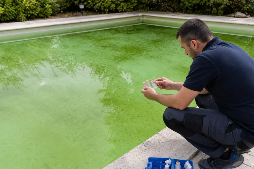 Diagnostic d’un problème d’eau de piscine avec une eau trouble et verdâtre