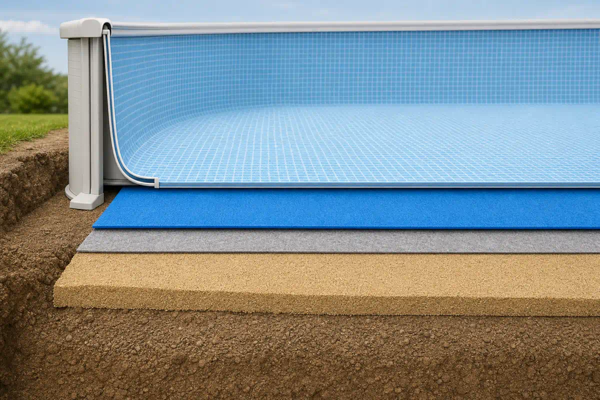 Schéma représentant l'empilement idéal des couches de protection pour assurer l'étanchéité et la durabilité sous la piscine.