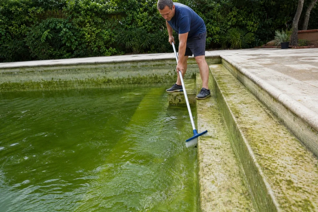 Brossage d’une piscine verte pour enlever les algues piscine