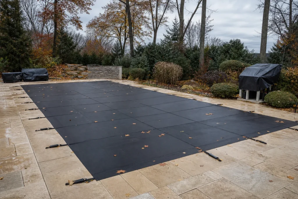 Piscine protégée par une couverture d’hivernage avant l’hiver