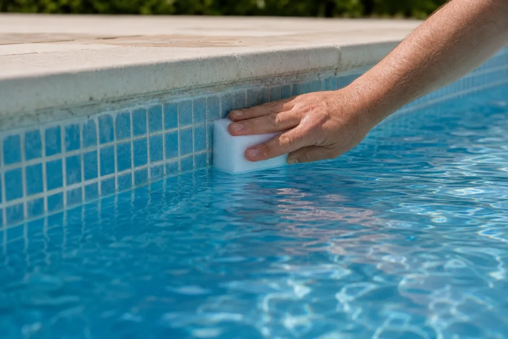 Nettoyage manuel de la ligne d’eau d’une piscine avec une éponge adaptée