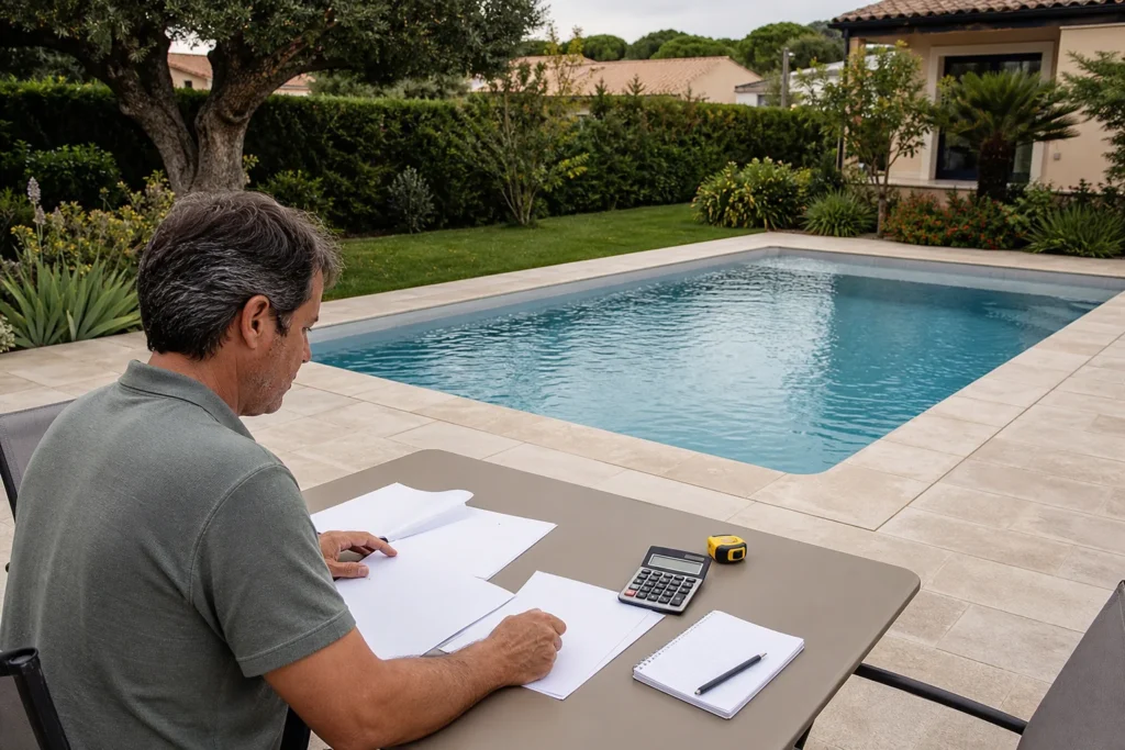 Impôts piscine : propriétaire préparant la déclaration fiscale d’un bassin enterré