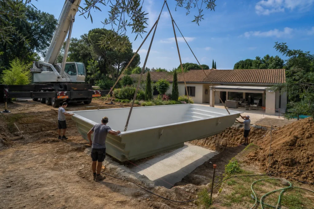 Installation d’une piscine monocoque préfabriquée dans une excavation par une grue
