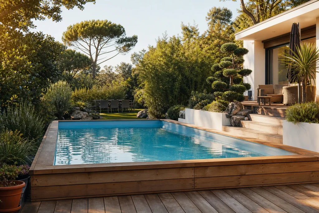 Piscine en bois semi-enterrée intégrée dans un jardin végétalisé
