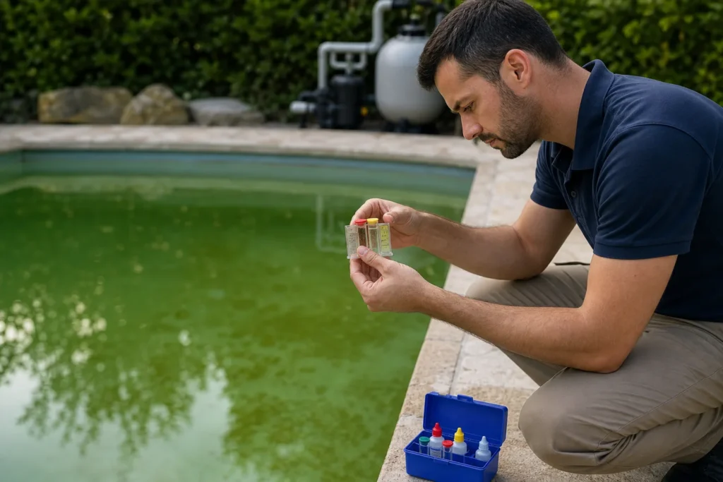 Diagnostic et traitement de l’eau de piscine trouble avec contrôle d’un échantillon