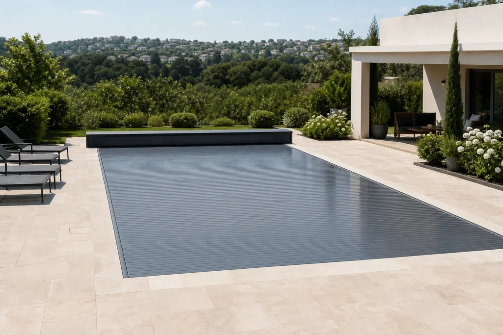 Piscine contemporaine protégée par une couverture automatique motorisée intégrée à la terrasse