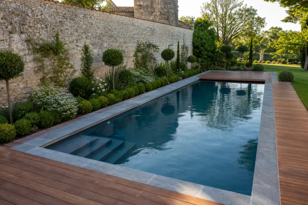 Piscine rénovée sur mesure avec trois marches immergées, plage en bois et mur en pierre ancienne