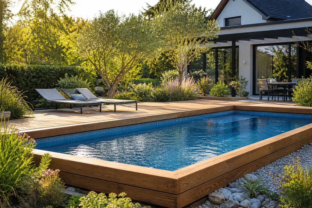 Piscine à ossature bois intégrée dans un jardin paysagé