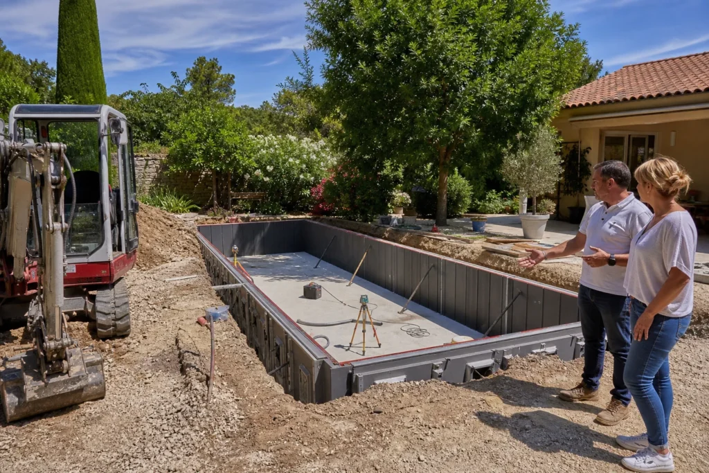 Construction de piscine en cours avec le propriétaire et le professionnel sur le chantier