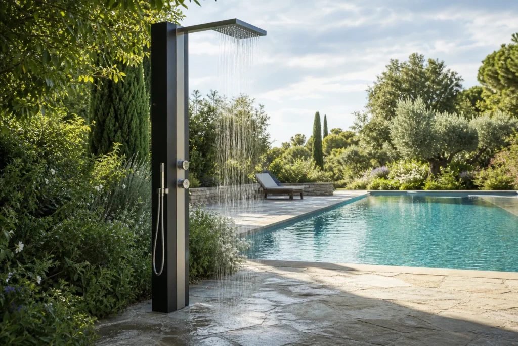 Douche extérieure piscine installée au bord d’un bassin dans un jardin paysager