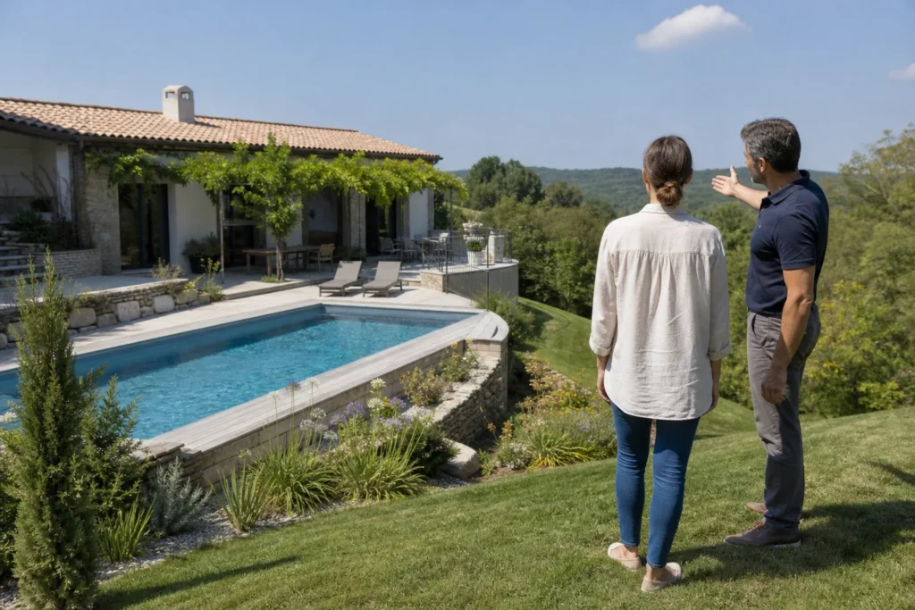 Propriétaire et professionnel évaluant une piscine semi-enterrée dans un jardin en pente