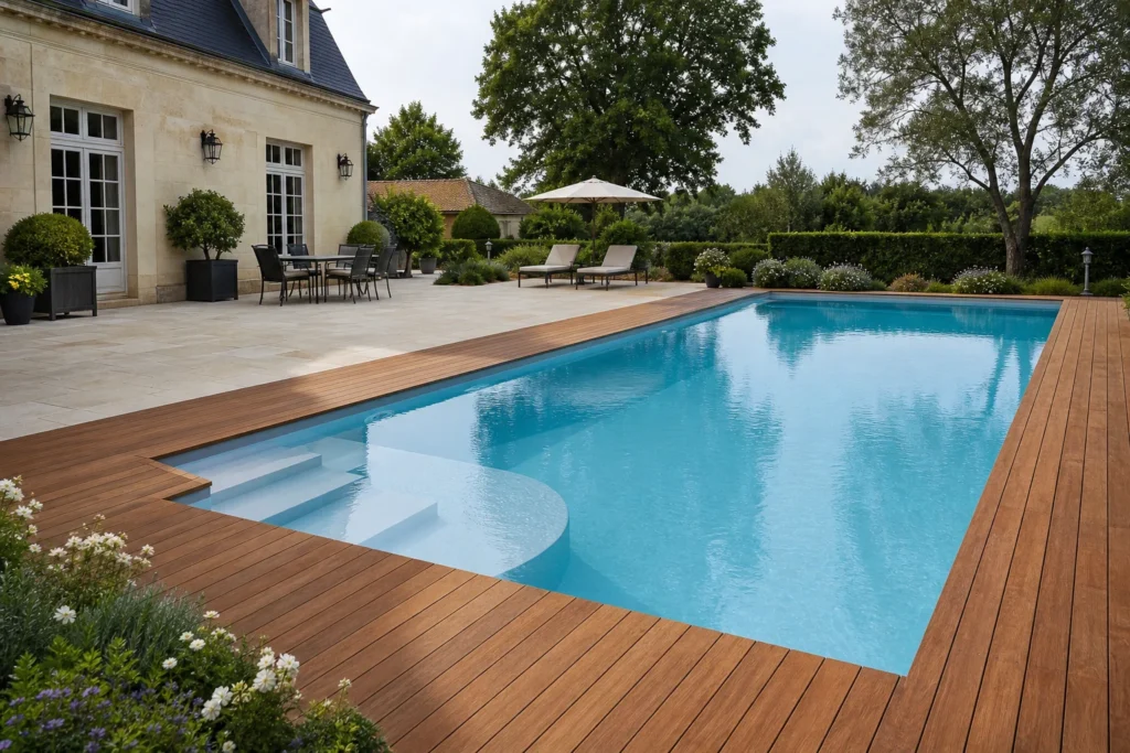 Piscine coque rectangulaire 10x4 avec escalier d’angle, banquette immergée et plage en bois