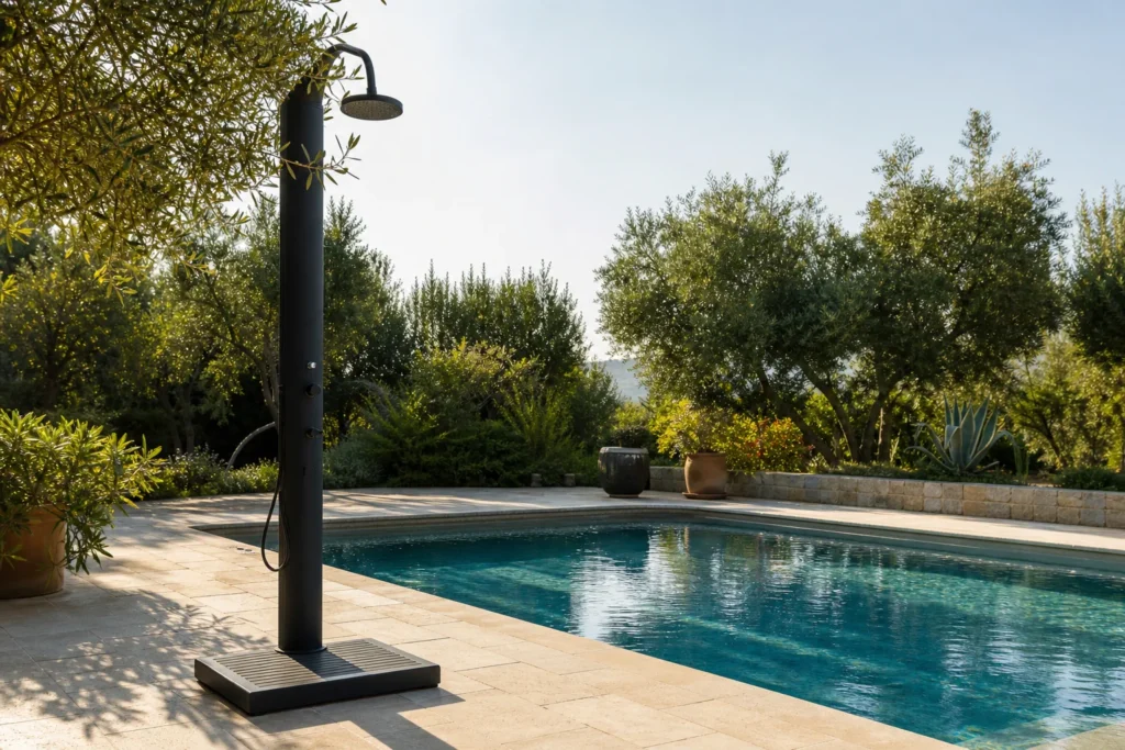 Douche extérieure piscine installée au bord d’un bassin dans un jardin ensoleillé