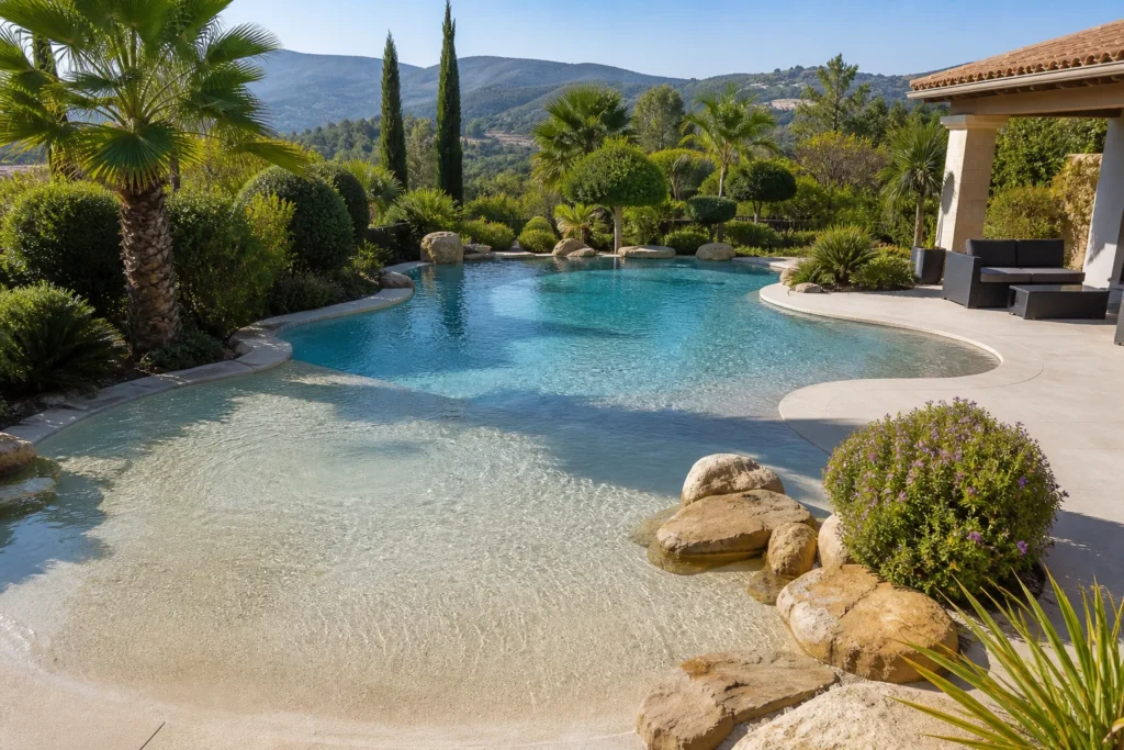 Piscine lagon à forme libre avec plage immergée, illustrant les choix qui influencent le prix piscine lagon