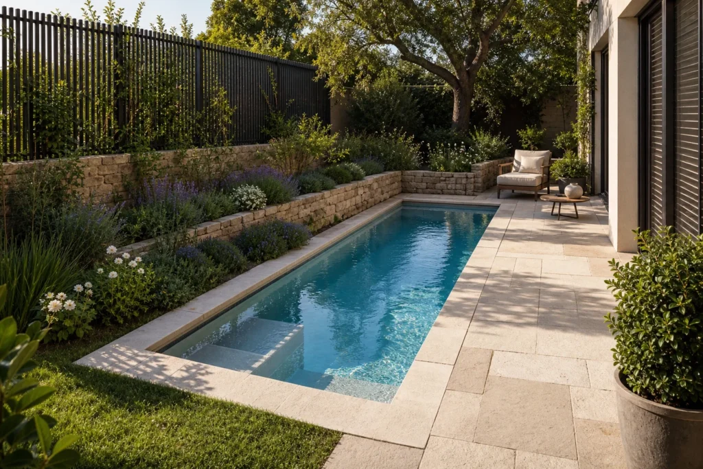 Mini-piscine compacte intégrée dans un petit jardin aménagé