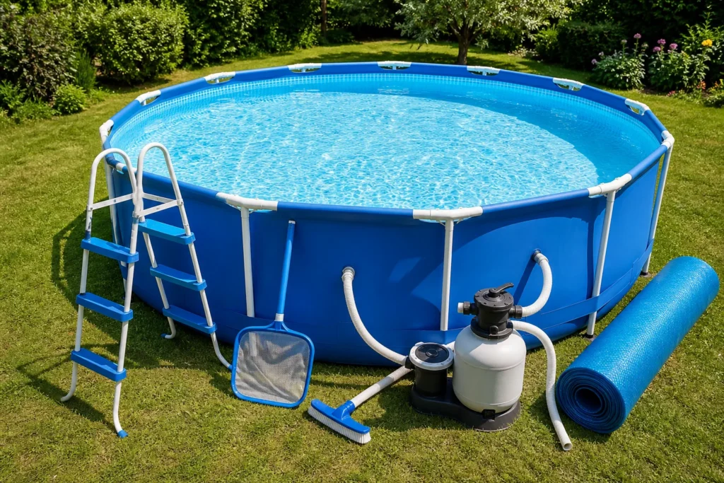 Piscine hors sol équipée de ses principaux accessoires d’entretien, de filtration et de sécurité