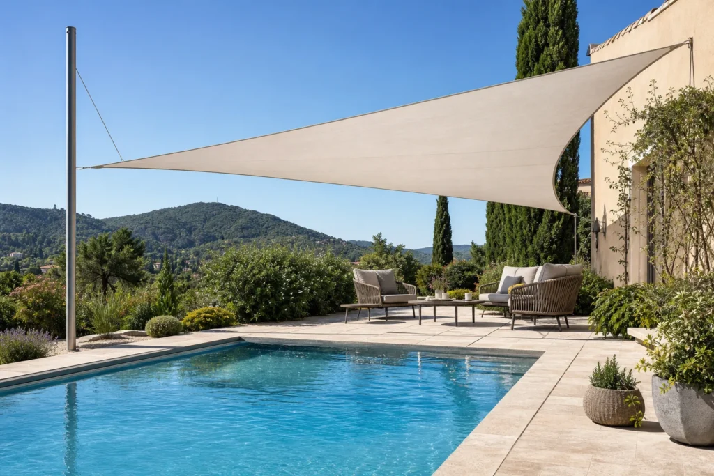 Piscine contemporaine aménagée avec une voile d’ombrage triangulaire et un espace détente ombragé