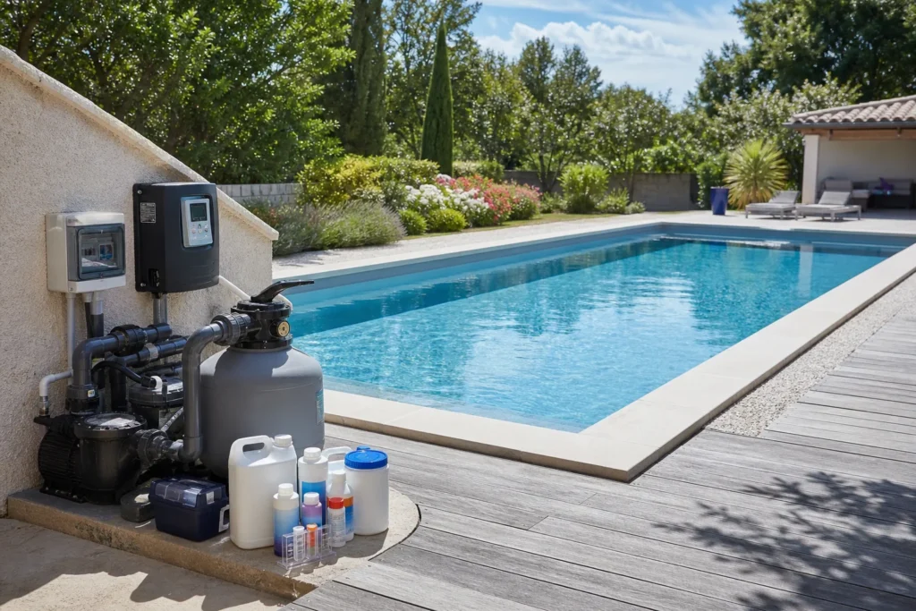 Piscine rectangulaire avec équipement de traitement de l’eau pour illustrer le coût traitement piscine
