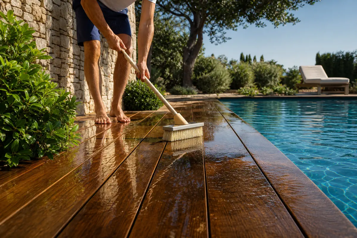 Nettoyage doux d’une plage en bois autour de la piscine