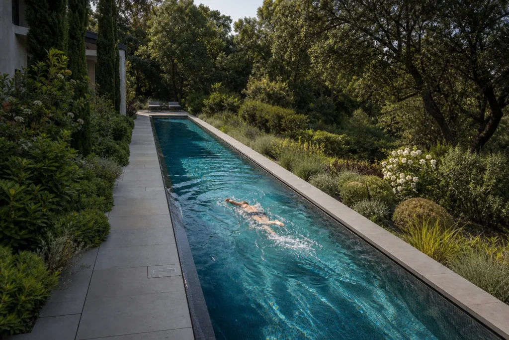 Piscine couloir de nage longue et étroite avec un nageur dans un jardin contemporain