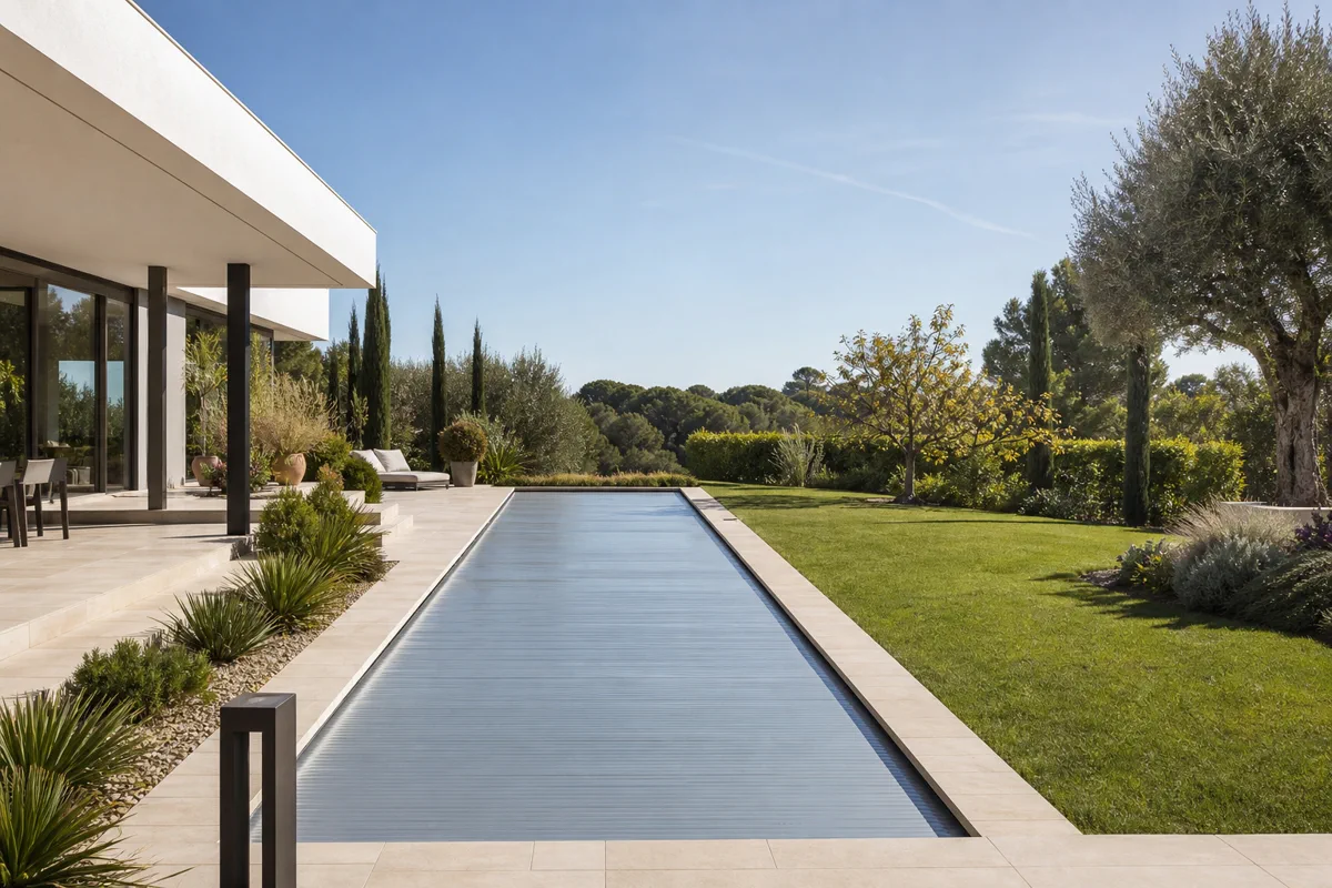 Un bassin long et épuré intégré dans un jardin contemporain.