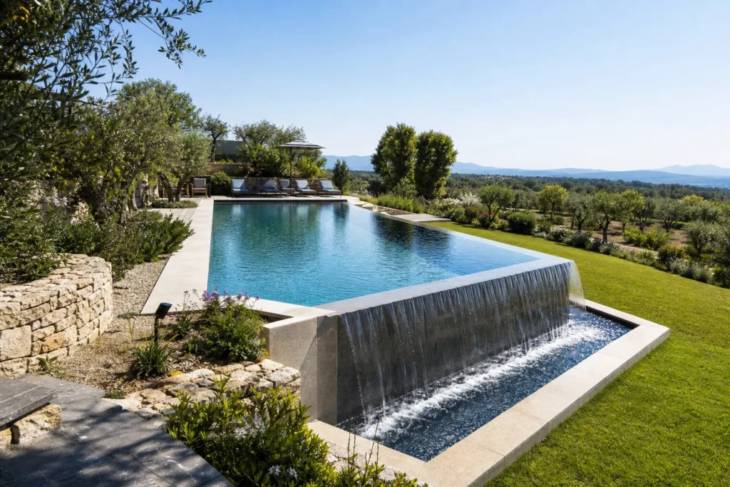 Piscine à débordement avec cascade vers un bac tampon sur un terrain paysager