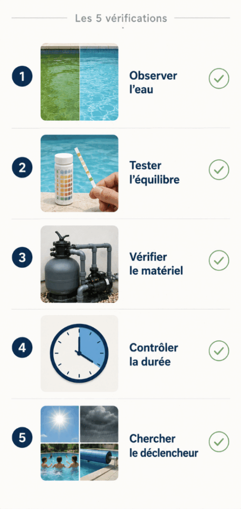 Check list des cinq vérifications à effectuer pour réaliser un diagnostic de piscine.