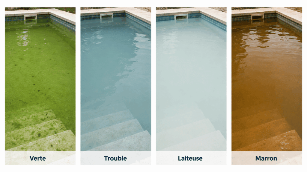 Comparaison d’une eau de piscine verte, trouble, laiteuse et marron.
