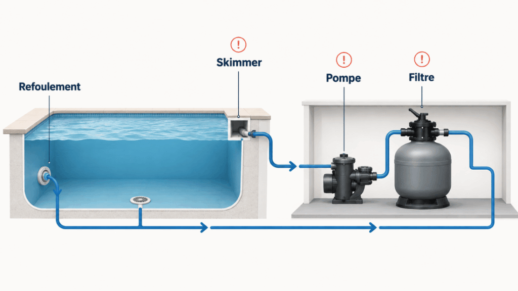 Schéma du circuit de filtration d’une piscine avec skimmer, pompe, filtre et refoulement.