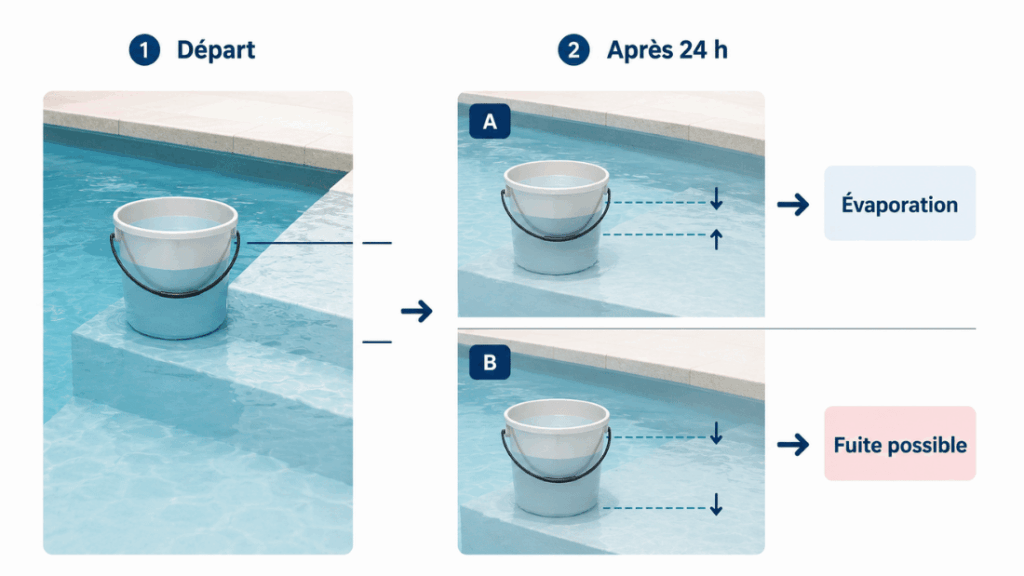 Test du seau dans une piscine pour différencier l’évaporation d’une fuite possible.